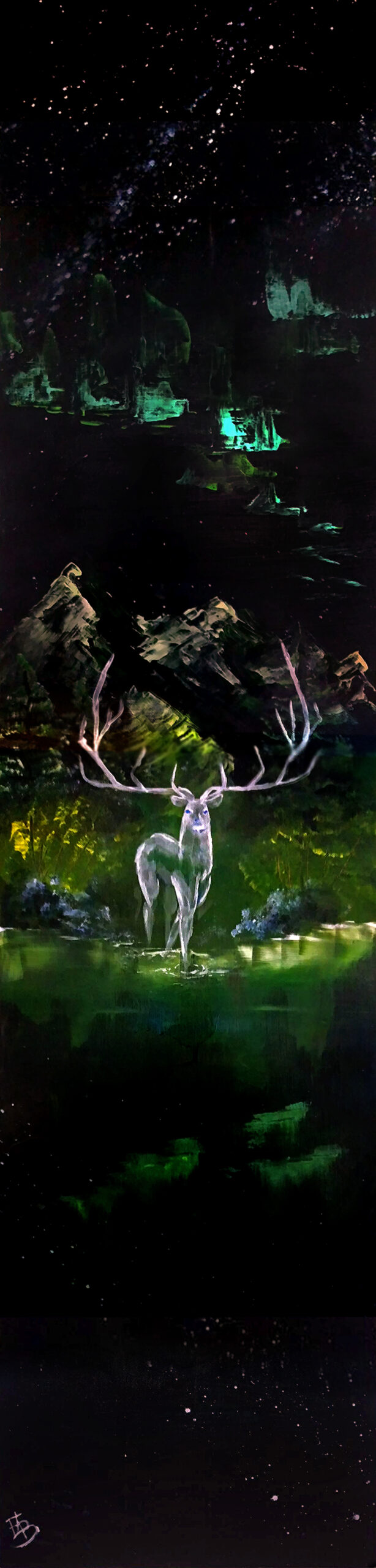 A stunning ghostly white stag stands proud at the water edge. A large piece painted onto wood stands at 120cm tall. SOLD